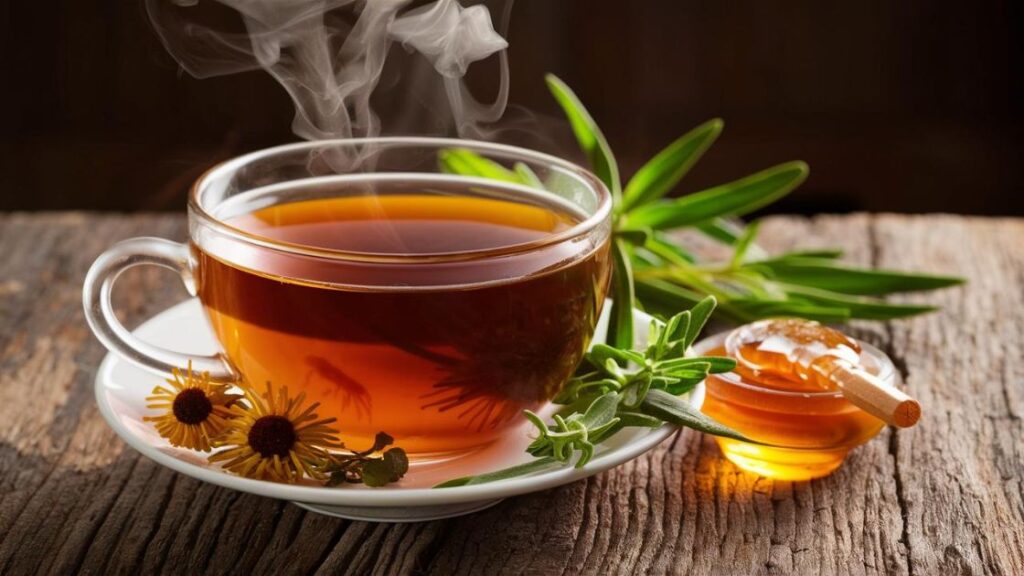 une tasse d'infusion avec du miel et une branche de romarin